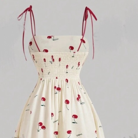 Boho Plus Size Cherry Print Smocked Cami Tie Shoulder Midi Dress - Picture 2 of 4